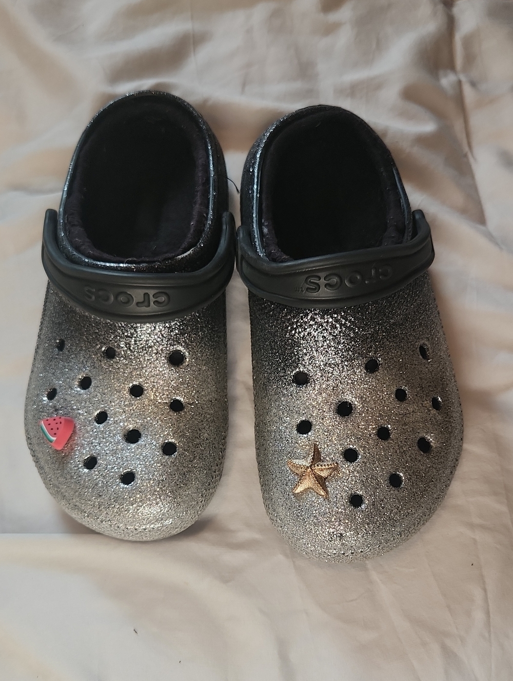 CROCS Glitter Clog in Silver with Black Strap